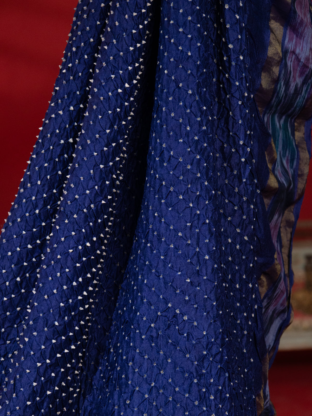 Blue Tussar Silk Saree With Bandhej And Kantha Work