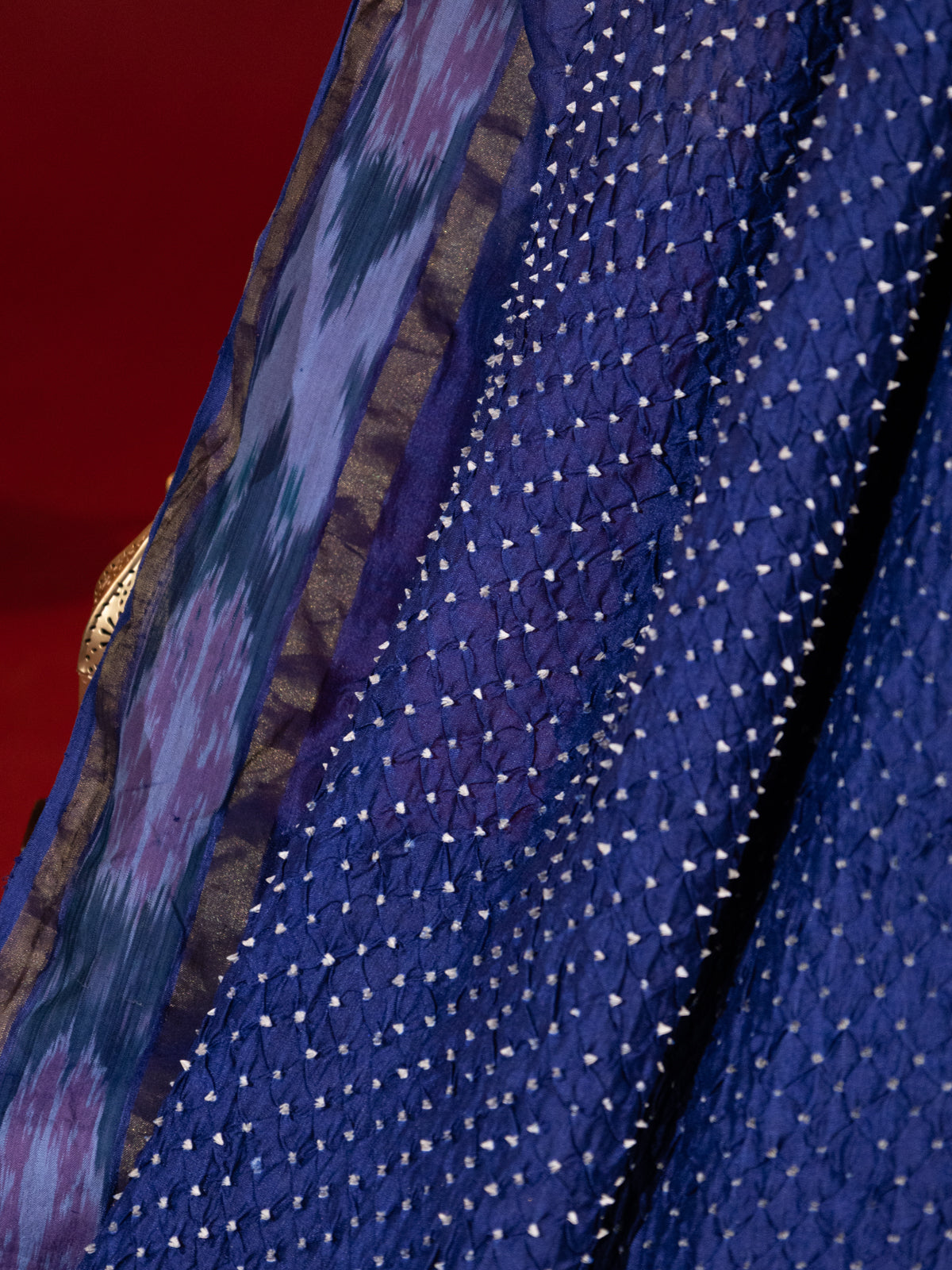 Blue Tussar Silk Saree With Bandhej And Kantha Work