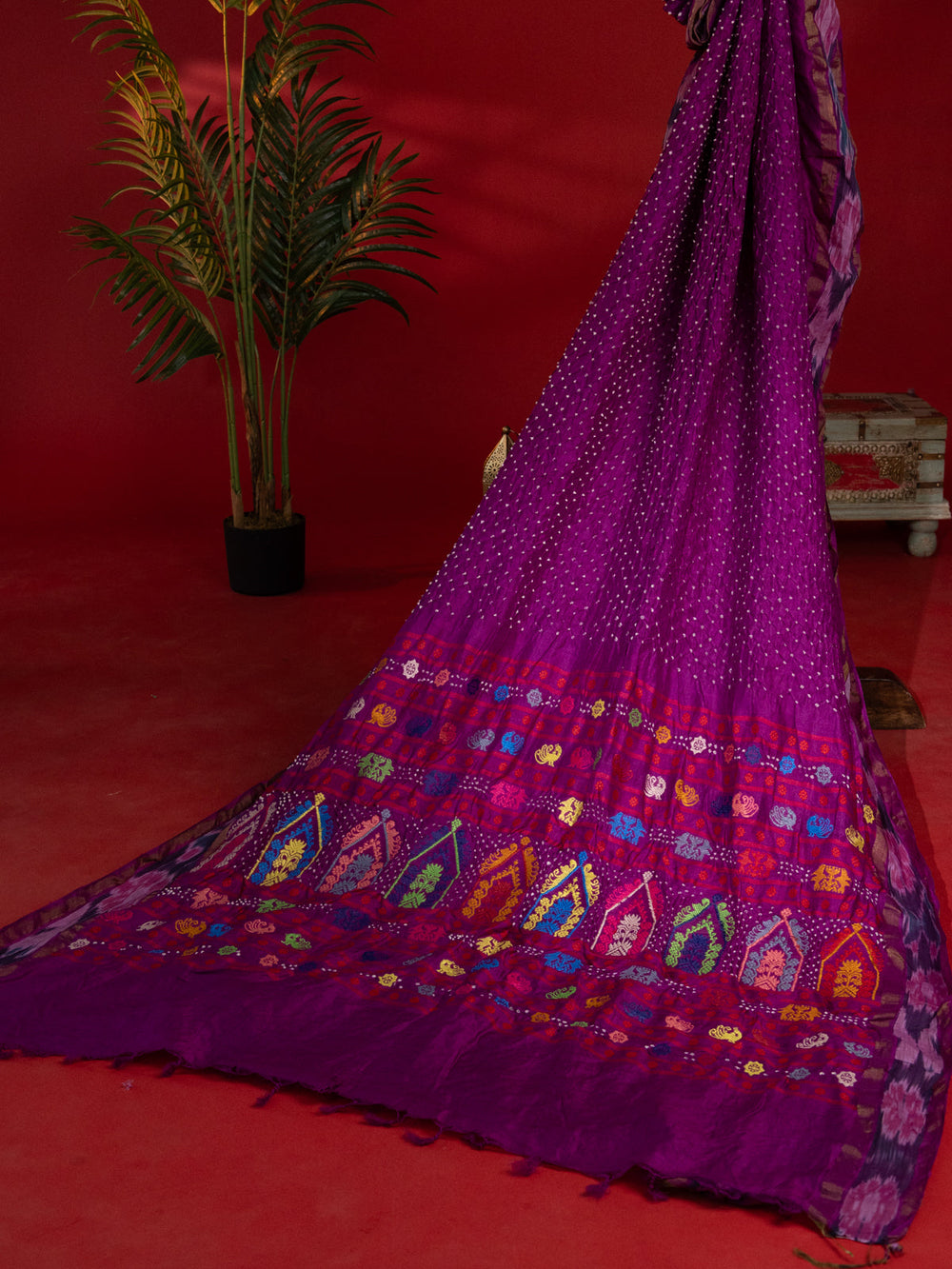 Purple Tussar Silk Saree With Bandhej And Kantha Work