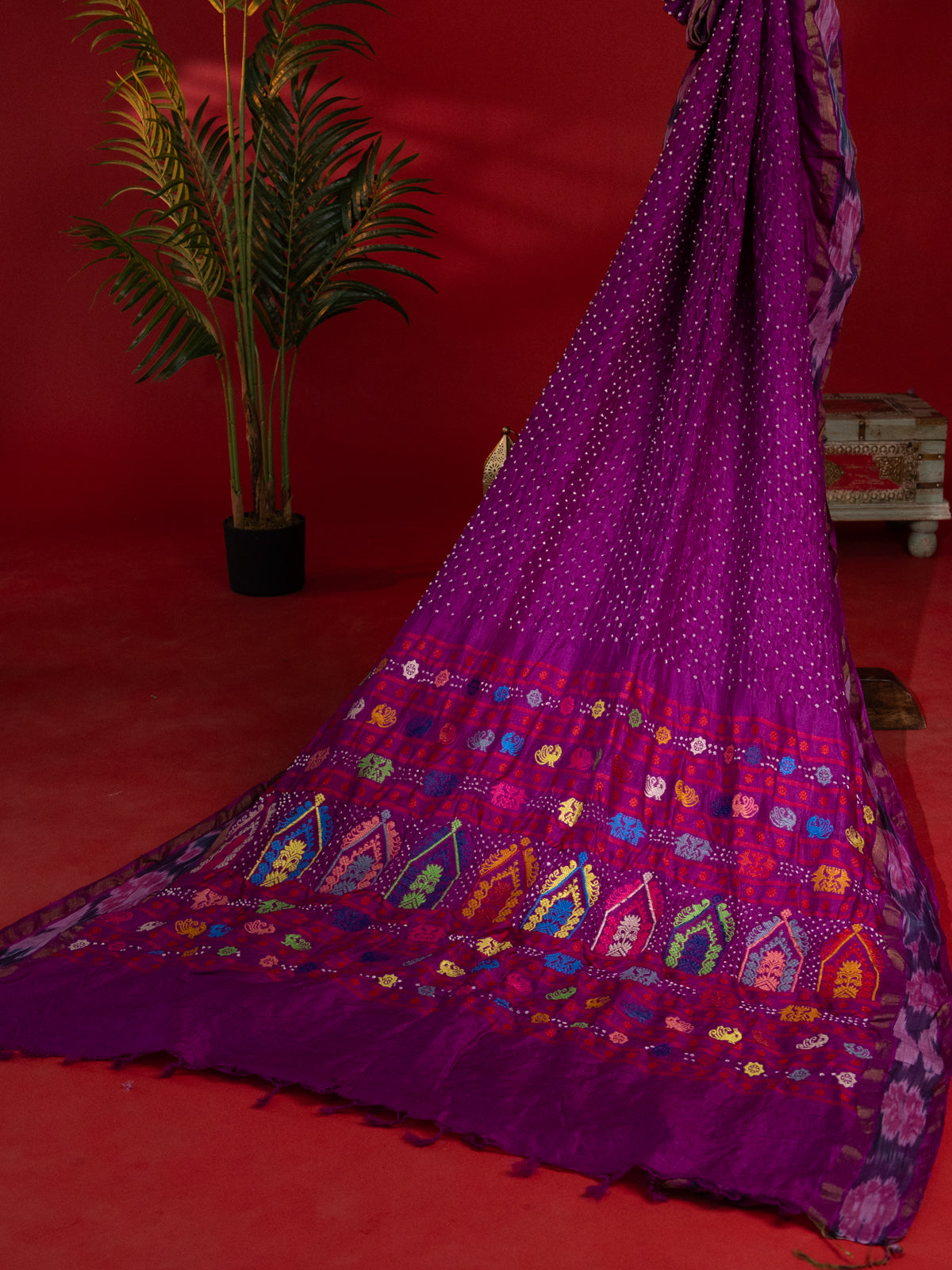 Purple Tussar Silk Saree With Bandhej And Kantha Work