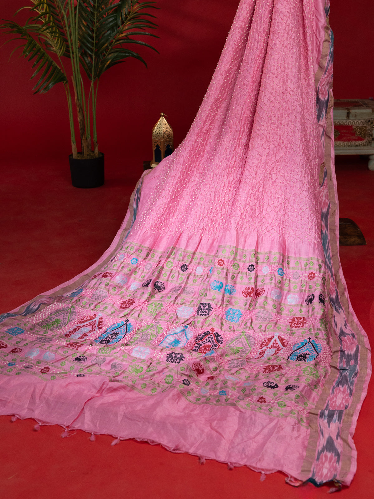 Light Pink Tussar Silk Saree With Bandhej & Kantha Work