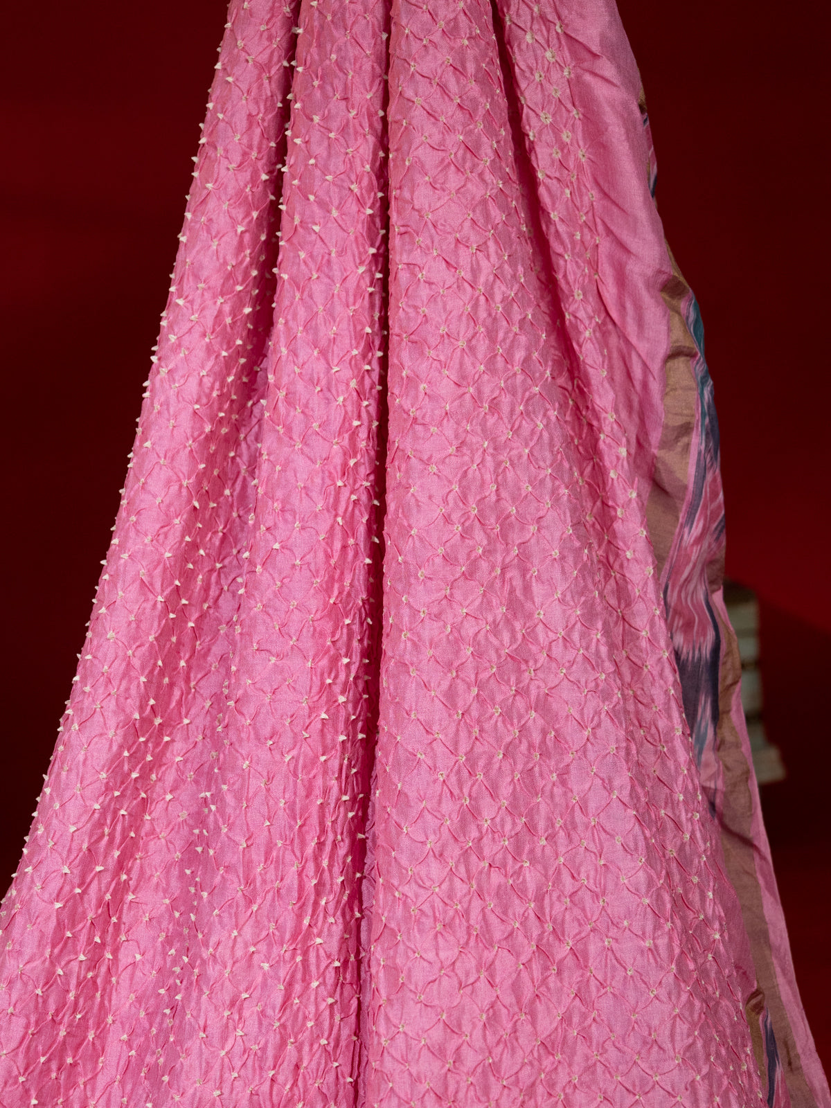 Light Pink Tussar Silk Saree With Bandhej & Kantha Work