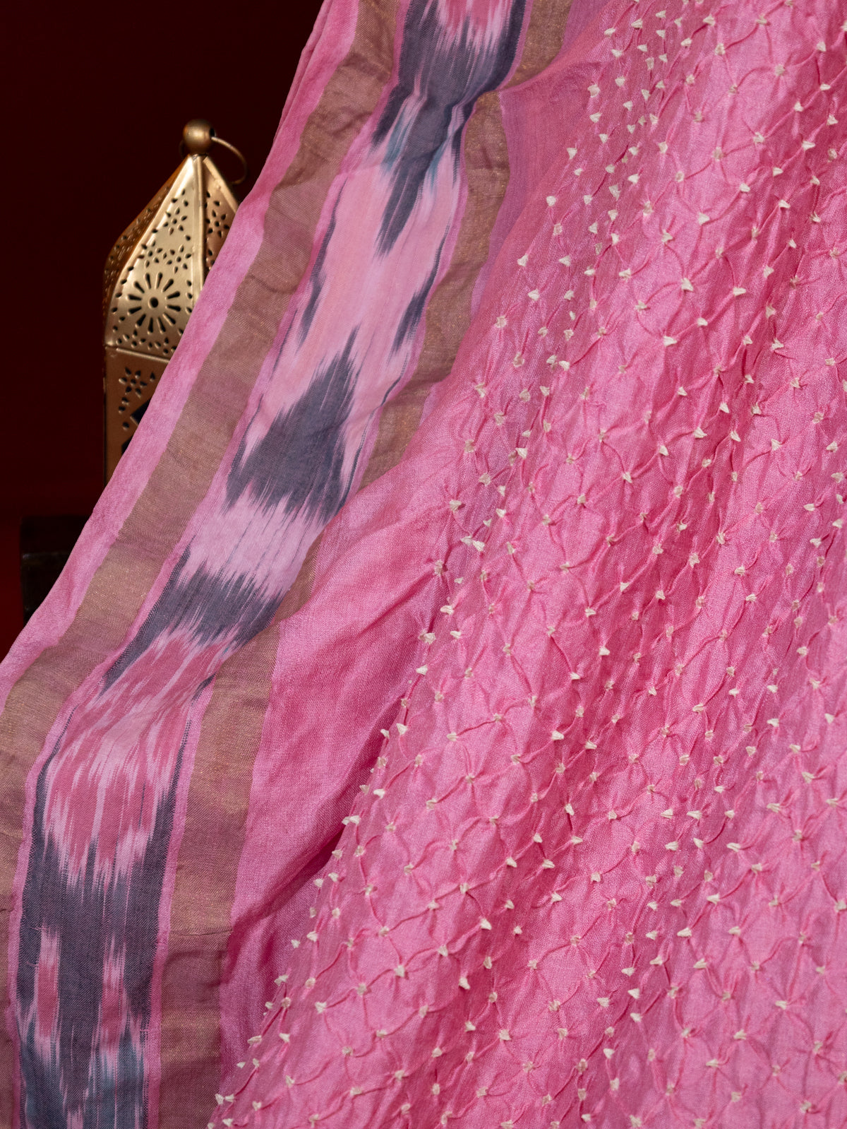 Light Pink Tussar Silk Saree With Bandhej & Kantha Work