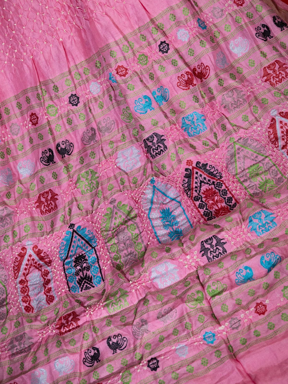 Light Pink Tussar Silk Saree With Bandhej & Kantha Work