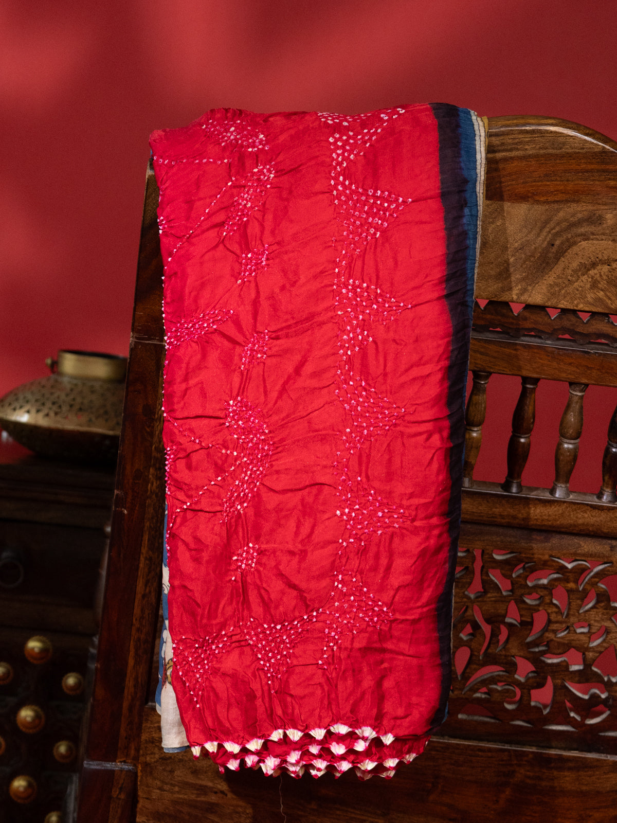 Pink & Red Gajji Silk With Penkalamkari Pallu And Bandhej