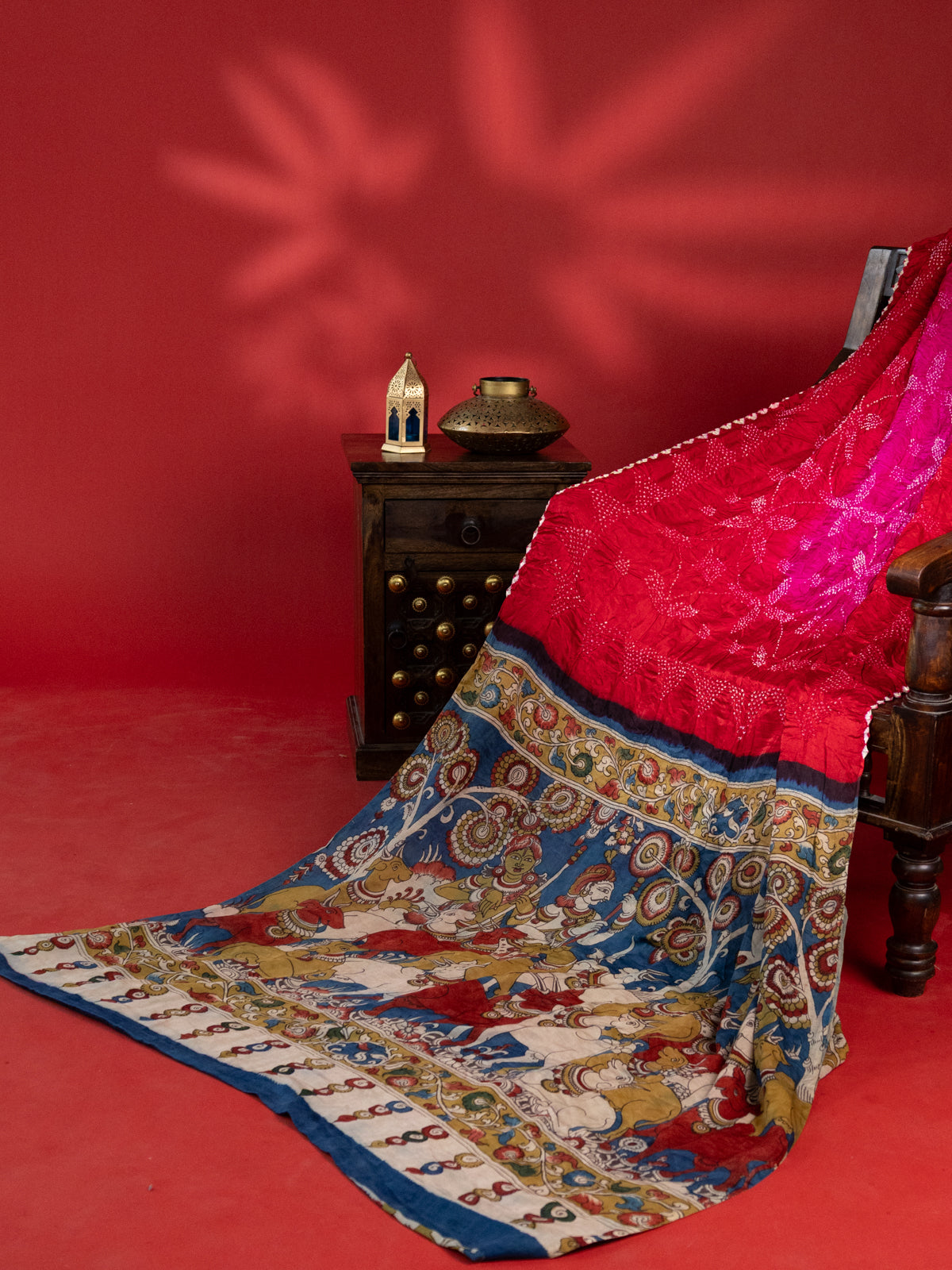 Pink & Red Gajji Silk With Penkalamkari Pallu And Bandhej