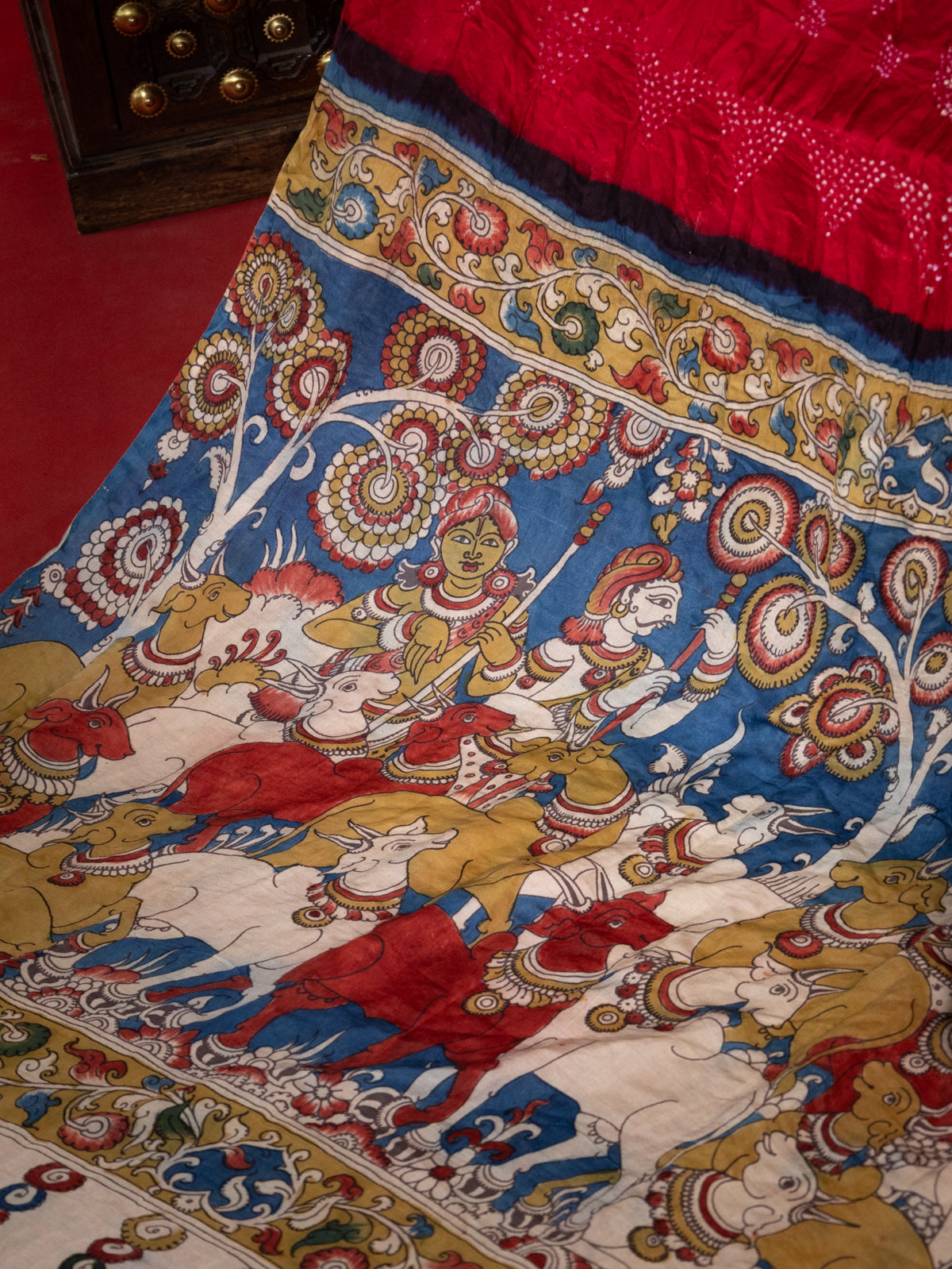 Pink & Red Gajji Silk With Penkalamkari Pallu And Bandhej