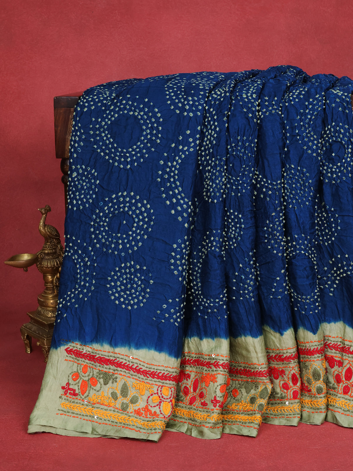 Peacock Blue & Pista Green Gajji Silk Saree With Bandhej And Kutch Embroidery