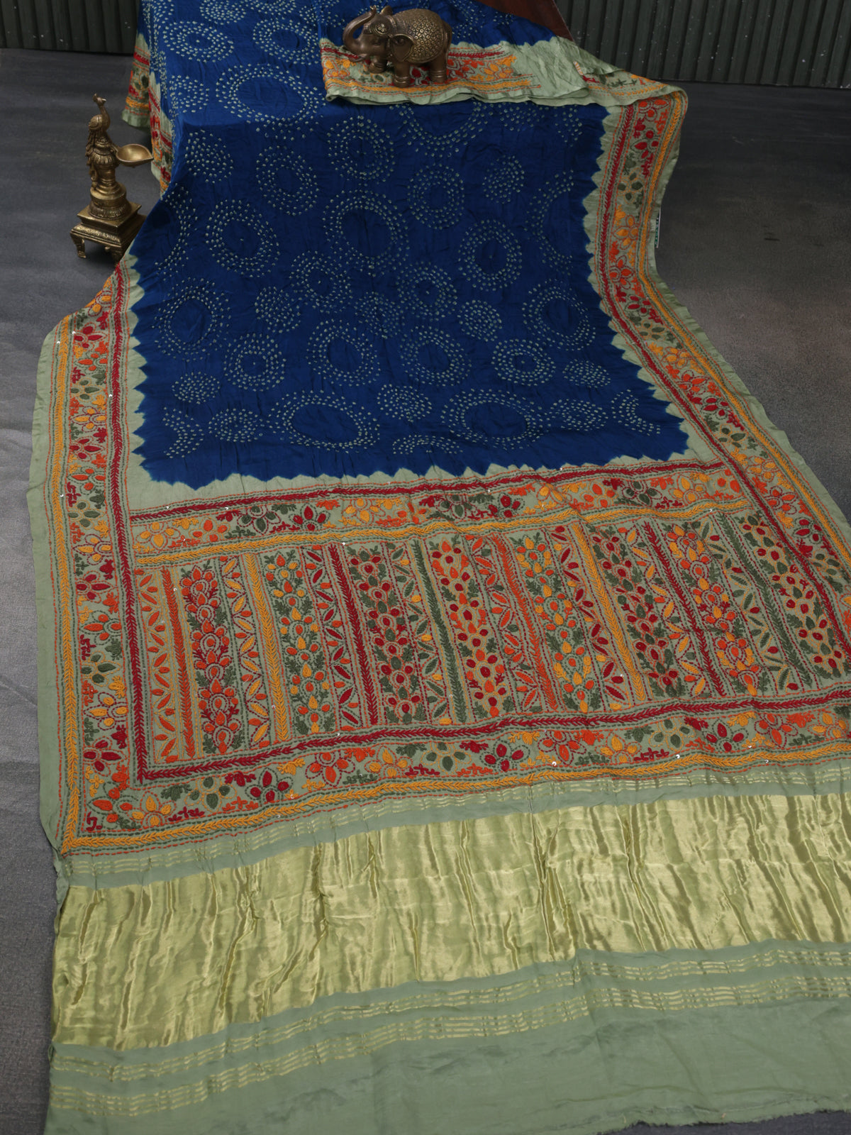 Peacock Blue & Pista Green Gajji Silk Saree With Bandhej And Kutch Embroidery