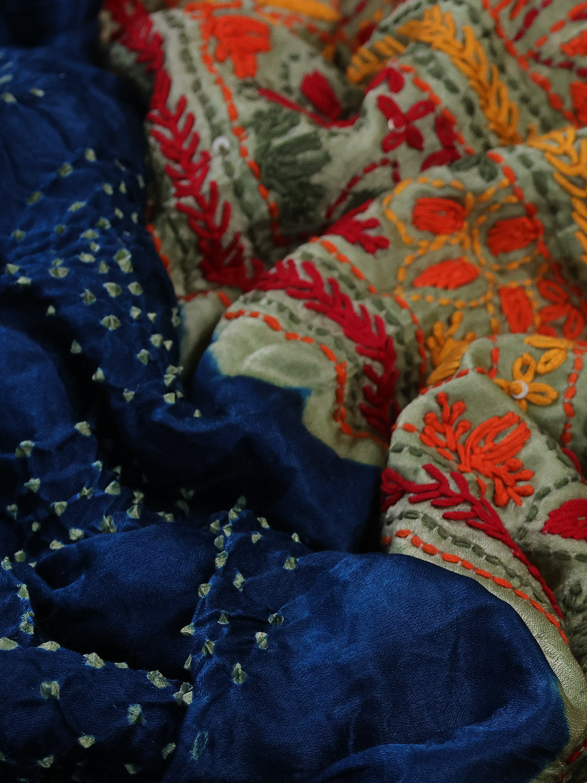 Peacock Blue & Pista Green Gajji Silk Saree With Bandhej And Kutch Embroidery