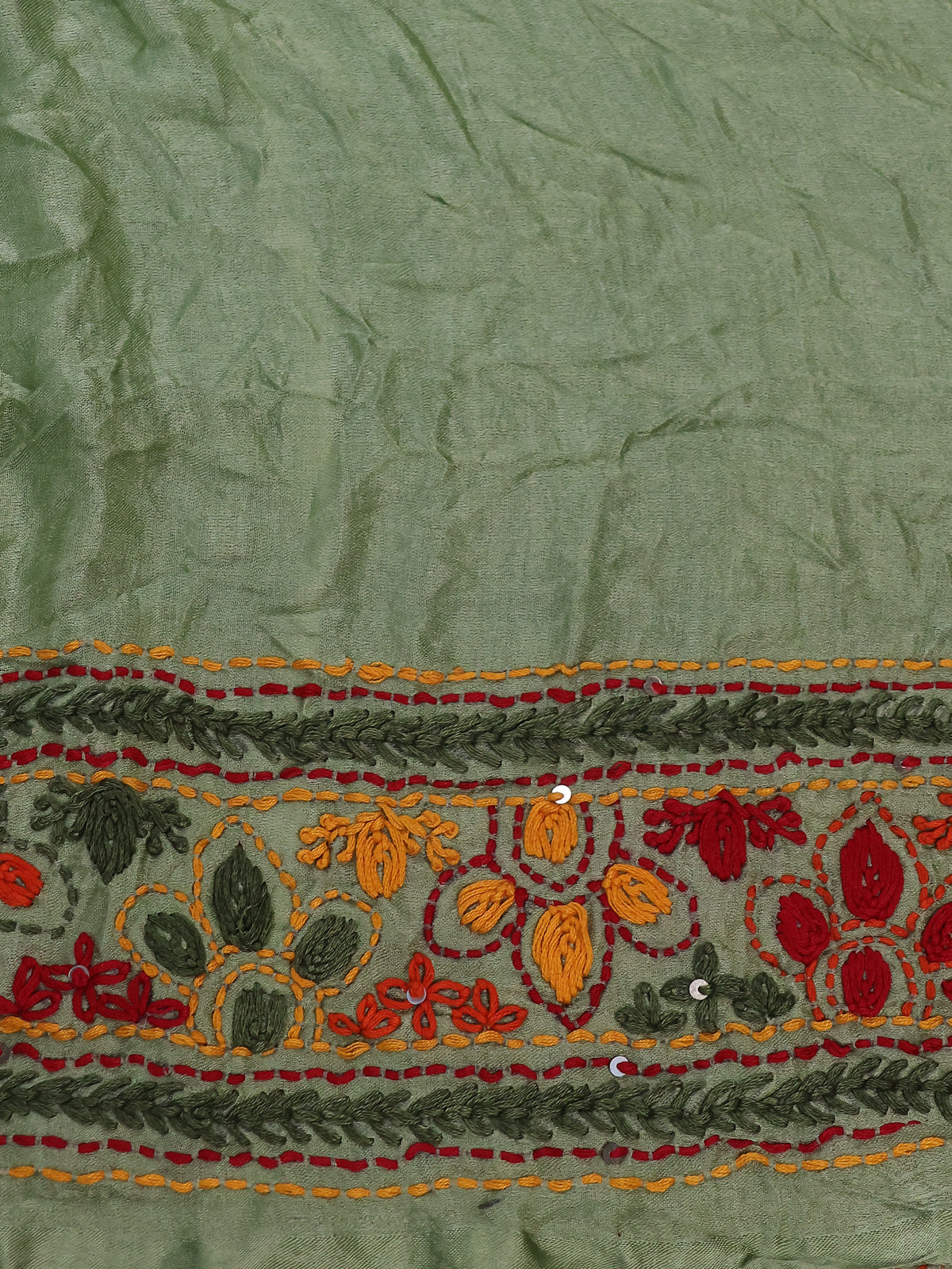 Peacock Blue & Pista Green Gajji Silk Saree With Bandhej And Kutch Embroidery