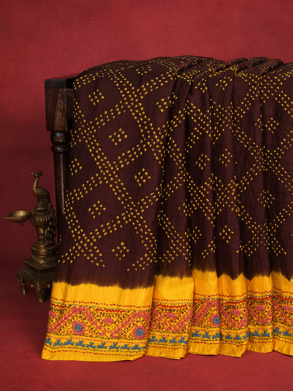 Brown & Yellow Gajji Silk Saree With Bandhej And Kutch Embroidery