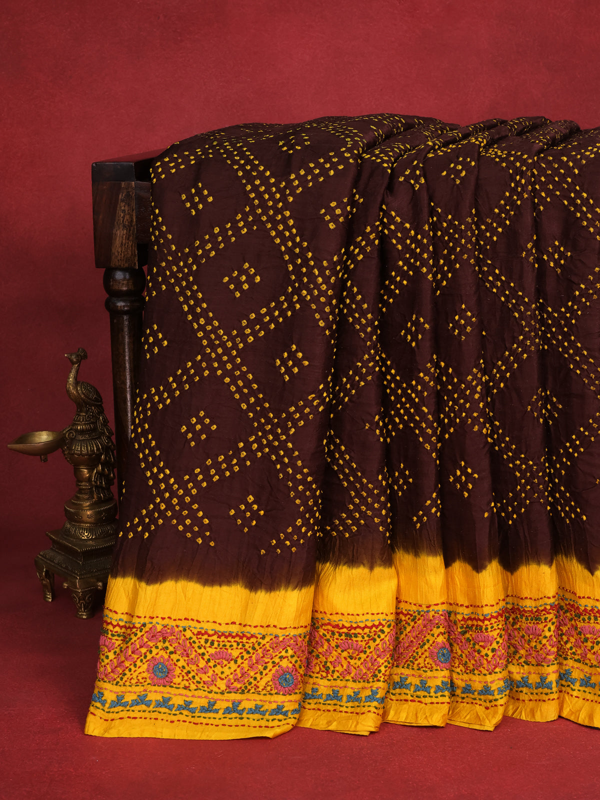 Brown & Yellow Gajji Silk Saree With Bandhej And Kutch Embroidery