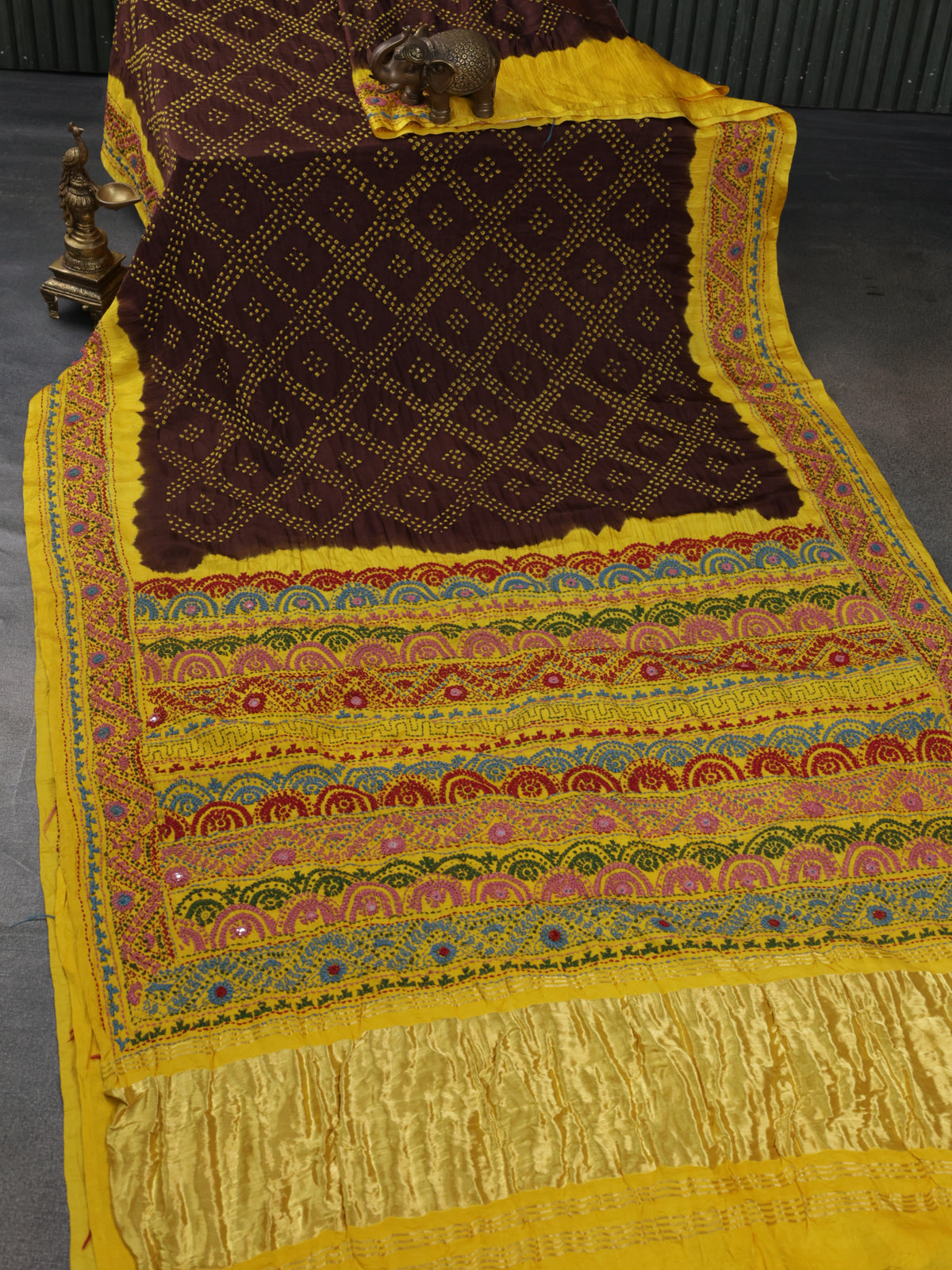 Brown & Yellow Gajji Silk Saree With Bandhej And Kutch Embroidery