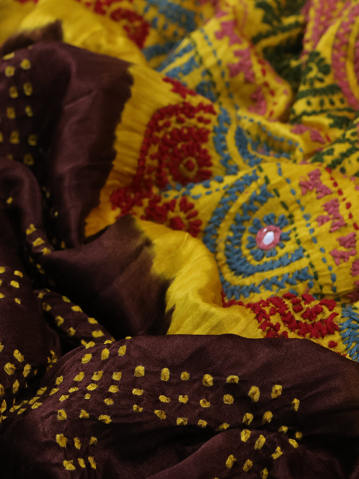 Brown & Yellow Gajji Silk Saree With Bandhej And Kutch Embroidery