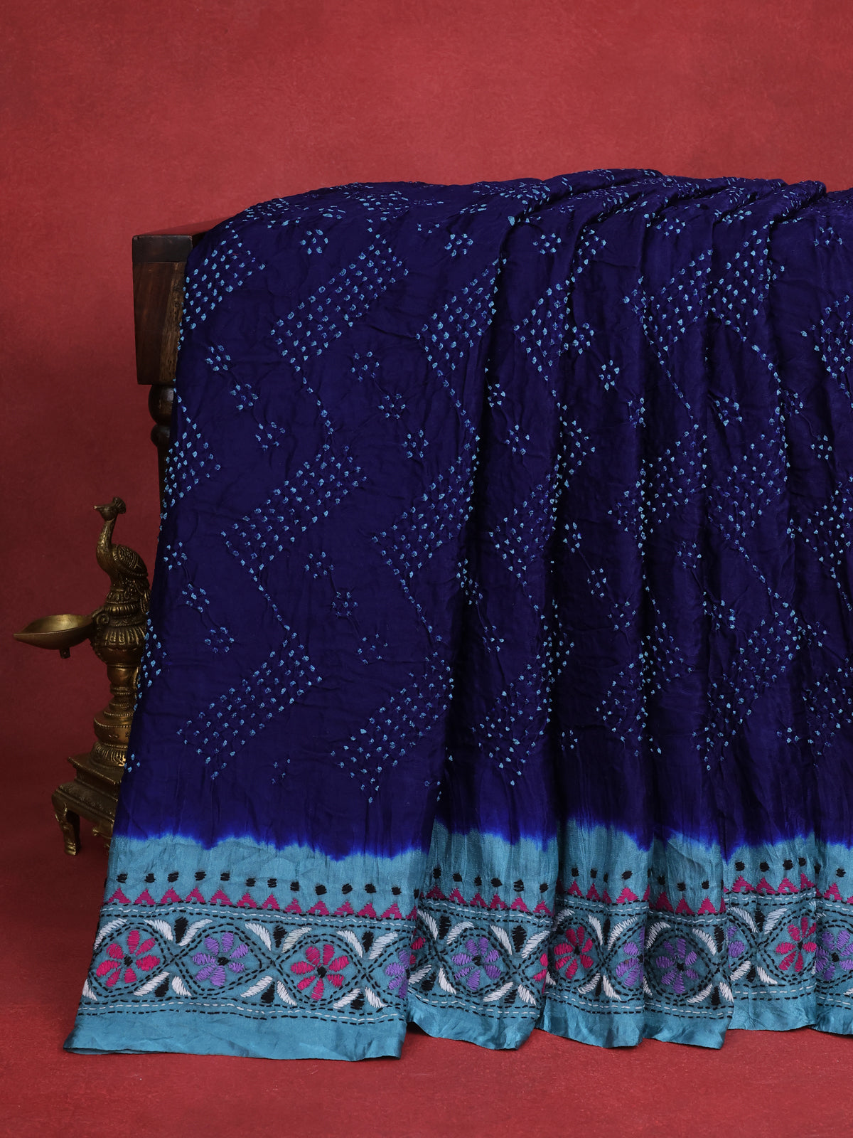 Blue & Pastel Blue Gajji Silk Saree With Bandhej And Kutch Embroidery