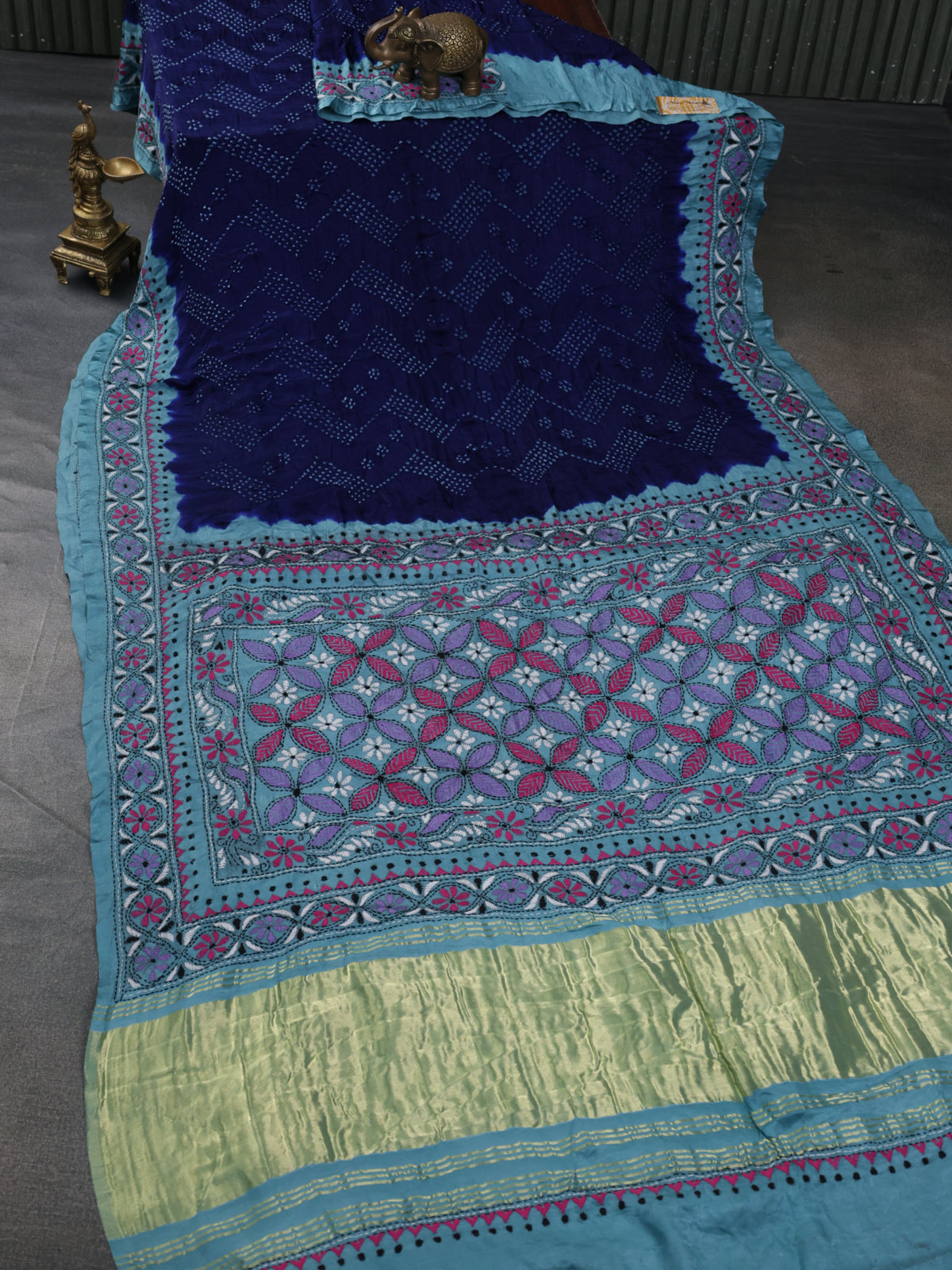 Blue & Pastel Blue Gajji Silk Saree With Bandhej And Kutch Embroidery