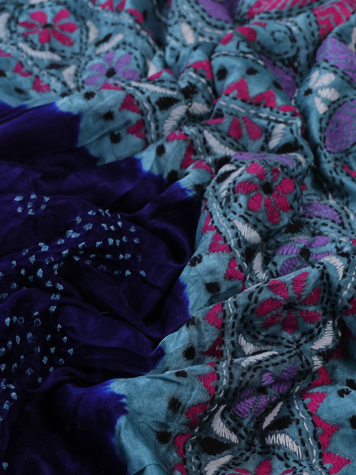Blue & Pastel Blue Gajji Silk Saree With Bandhej And Kutch Embroidery