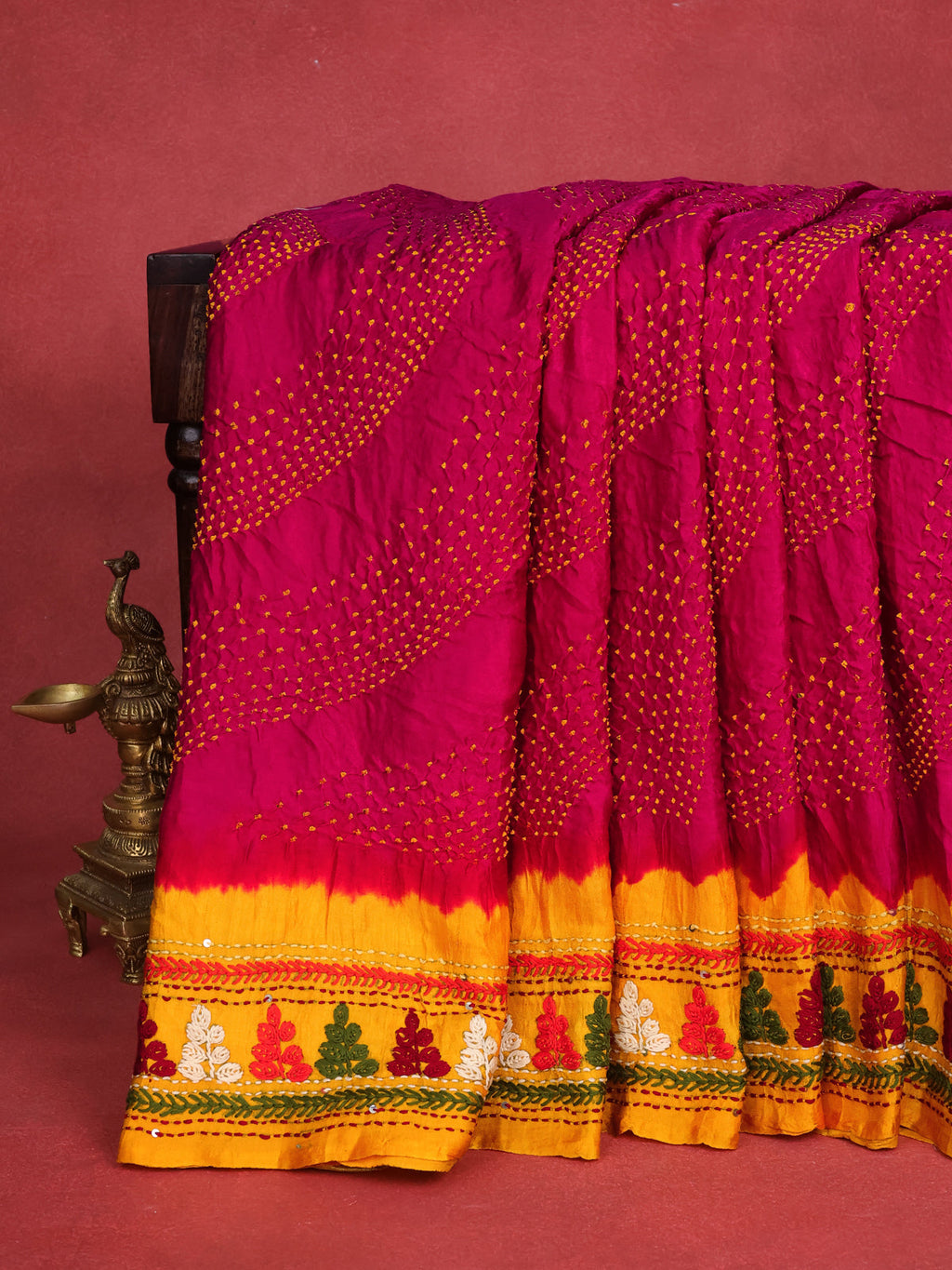Pink & Yellow Gajji Silk Saree With Bandhej And Kutch Embroidery