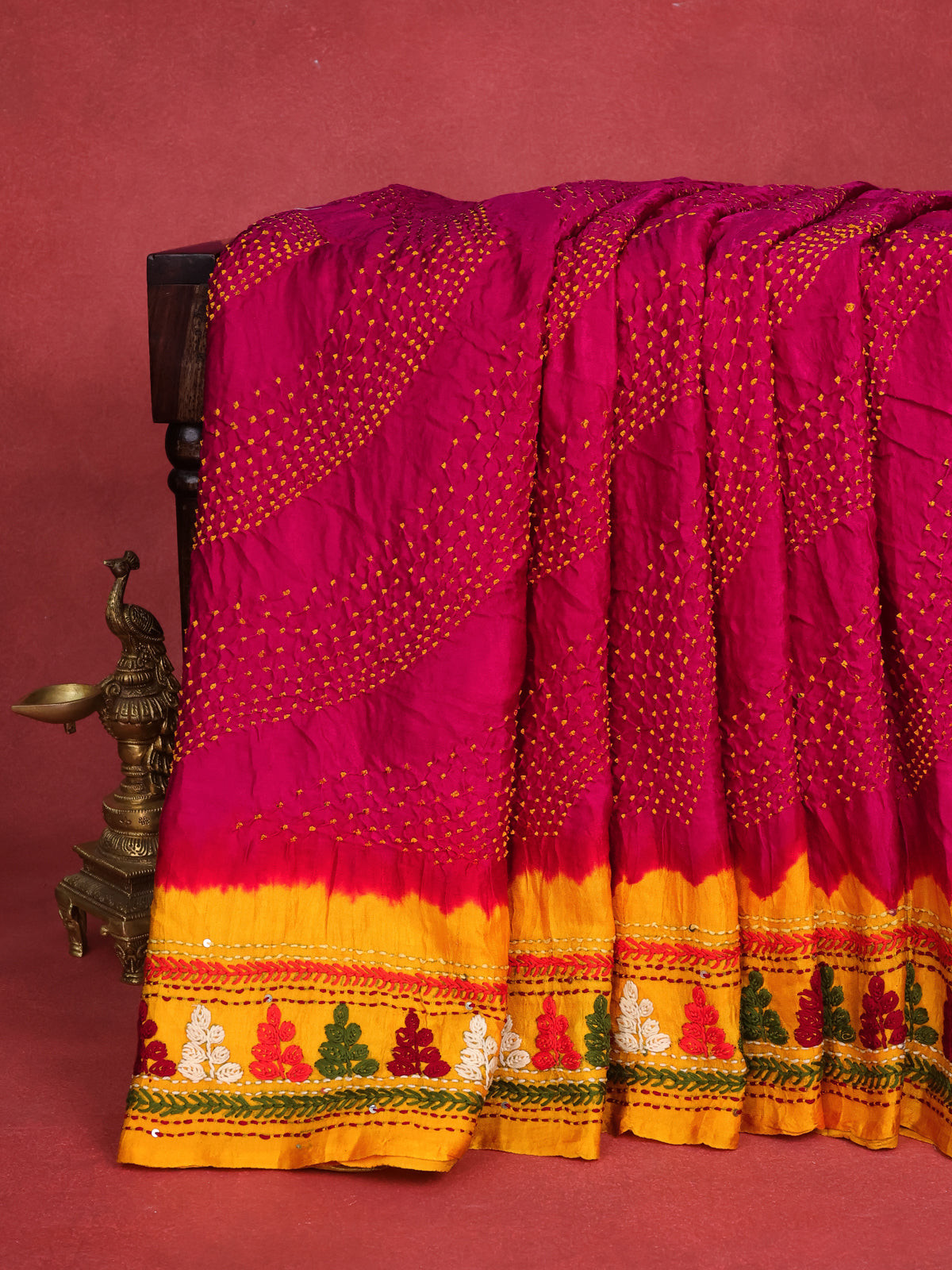 Pink & Yellow Gajji Silk Saree With Bandhej And Kutch Embroidery