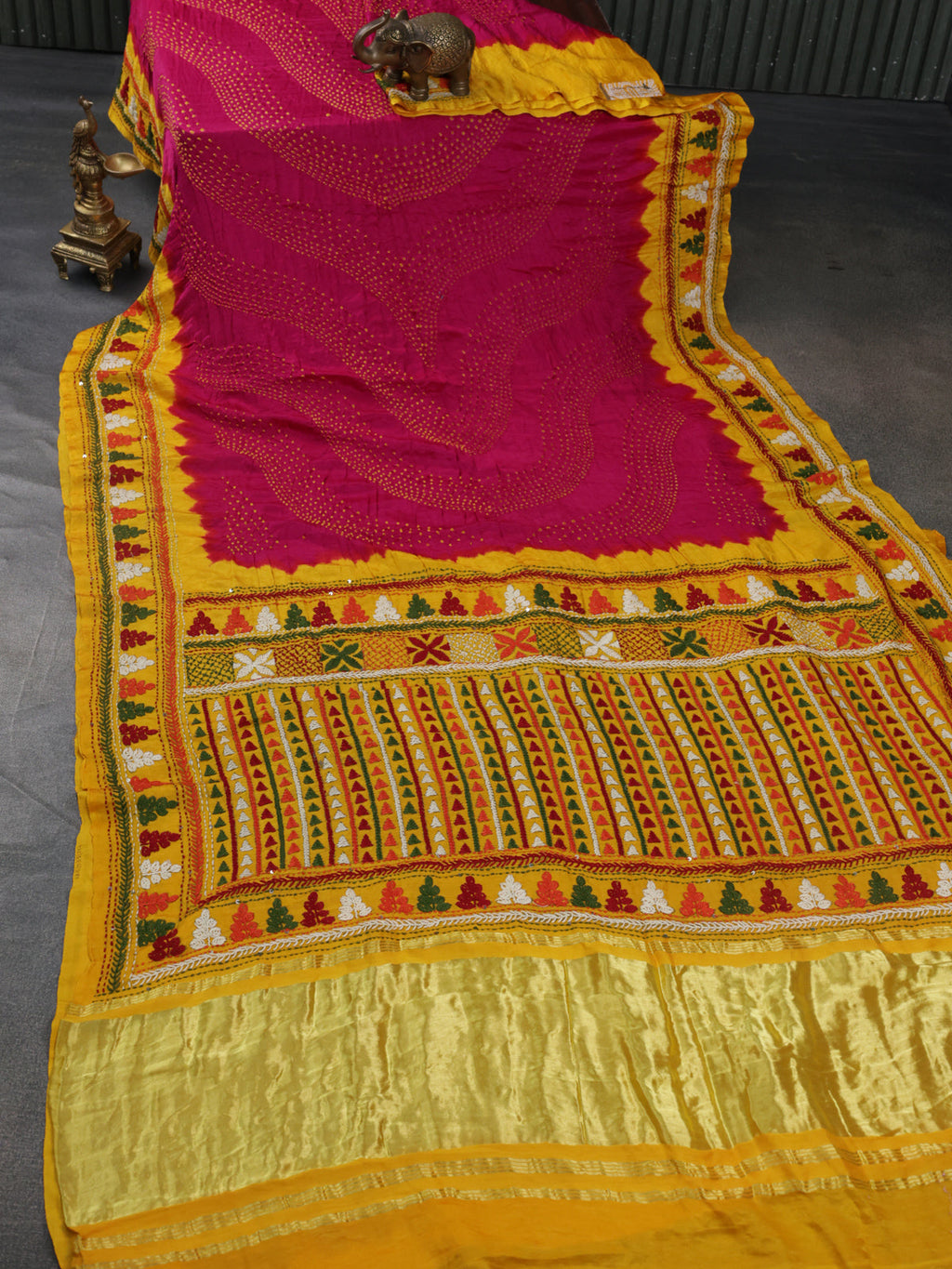 Pink & Yellow Gajji Silk Saree With Bandhej And Kutch Embroidery
