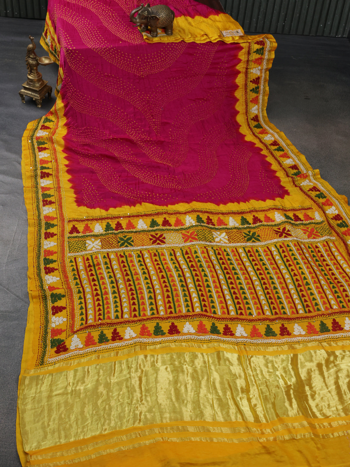 Pink & Yellow Gajji Silk Saree With Bandhej And Kutch Embroidery