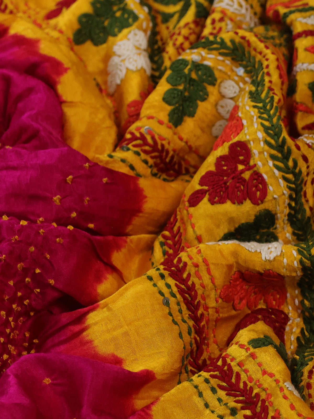 Pink & Yellow Gajji Silk Saree With Bandhej And Kutch Embroidery