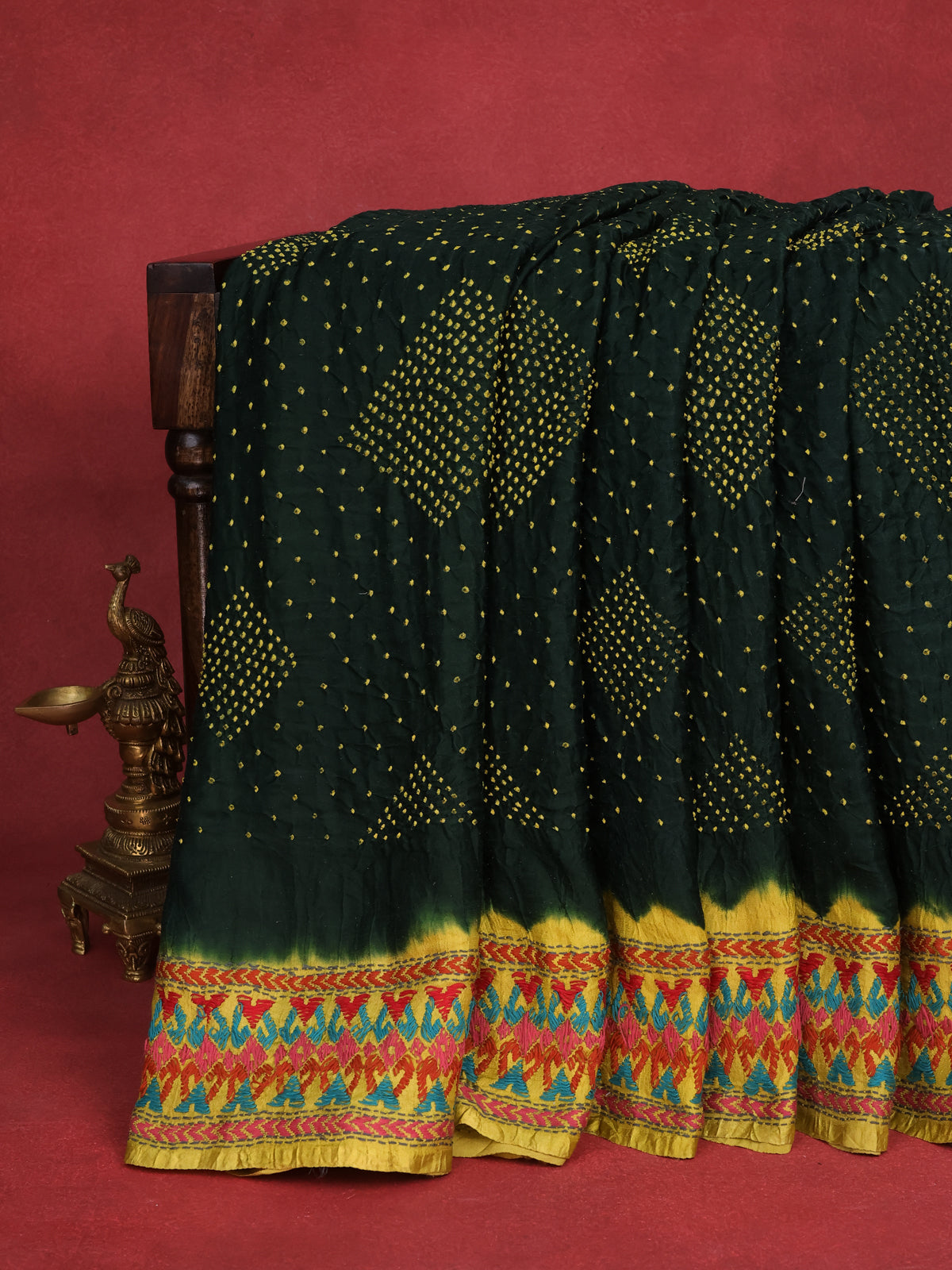 Bottle Green & Yellow Gajji Silk Saree With Bandhej And Kutch Embroidery