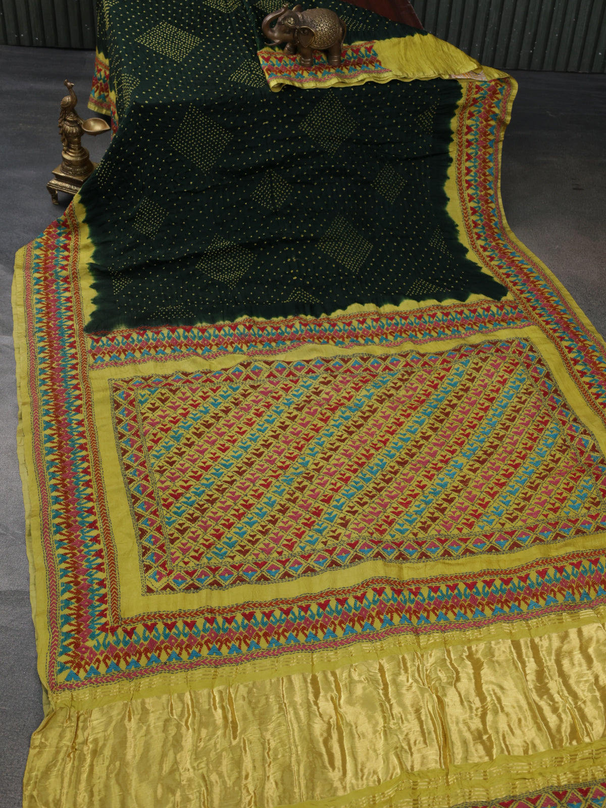 Bottle Green & Yellow Gajji Silk Saree With Bandhej And Kutch Embroidery