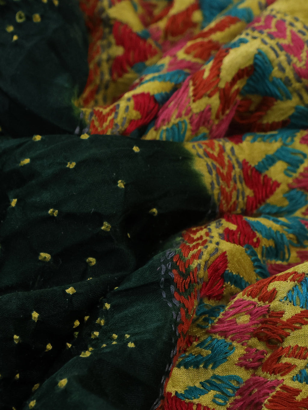 Bottle Green & Yellow Gajji Silk Saree With Bandhej And Kutch Embroidery