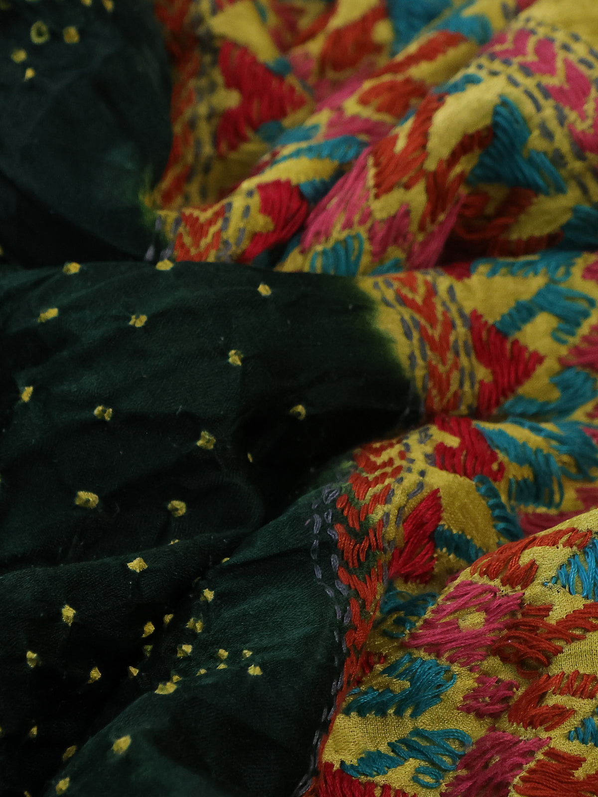 Bottle Green & Yellow Gajji Silk Saree With Bandhej And Kutch Embroidery