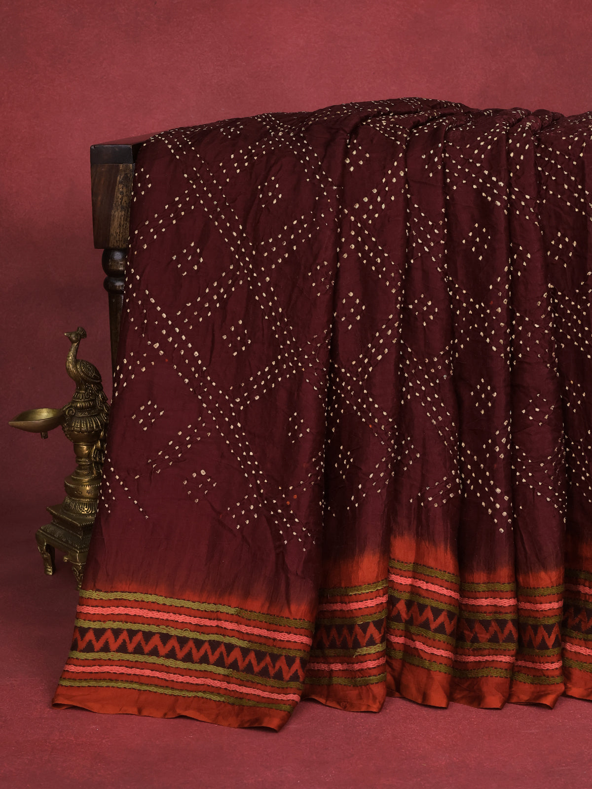 Maroon & Red Gajji Silk Saree With Bandhej And Kutch Embroidery