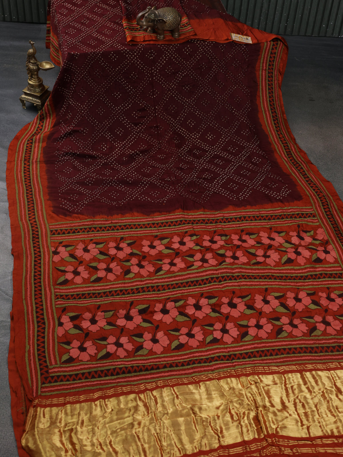 Maroon & Red Gajji Silk Saree With Bandhej And Kutch Embroidery