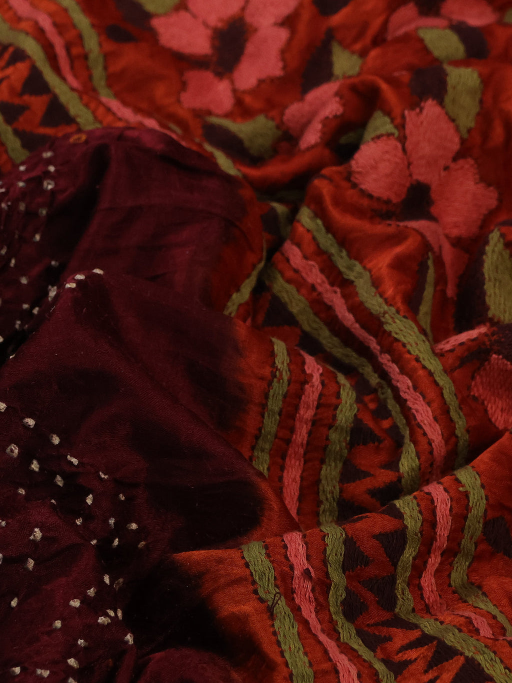 Maroon & Red Gajji Silk Saree With Bandhej And Kutch Embroidery