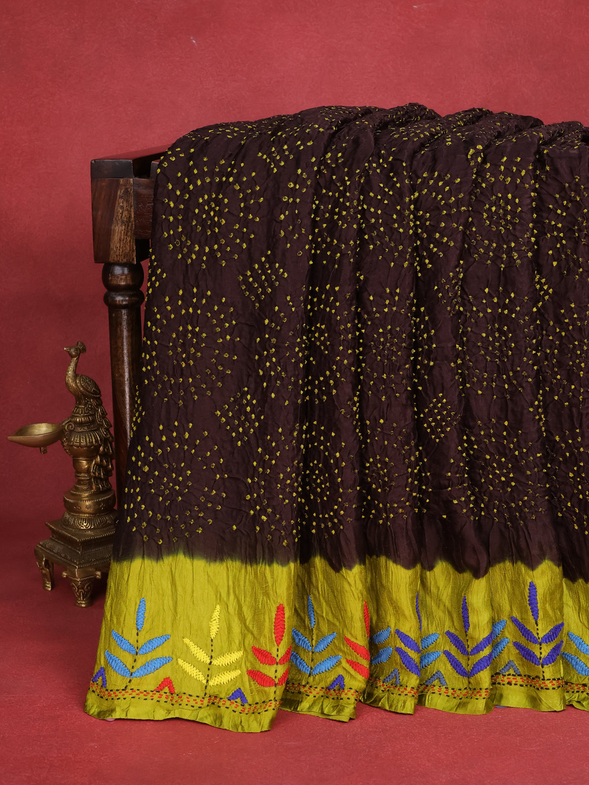 Brown & Fluorescent Green Gajji Silk Saree With Bandhej And Kutch Embroidery