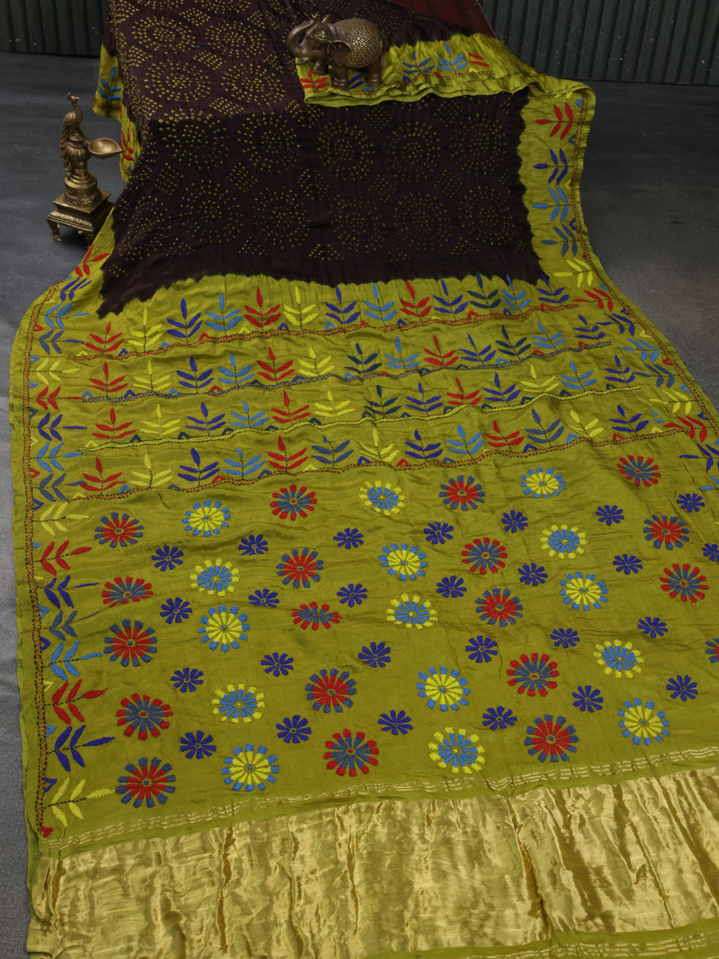 Brown & Fluorescent Green Gajji Silk Saree With Bandhej And Kutch Embroidery