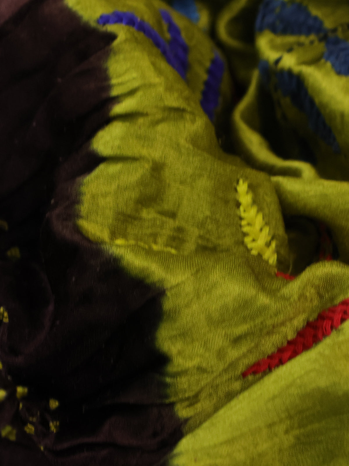 Brown & Fluorescent Green Gajji Silk Saree With Bandhej And Kutch Embroidery