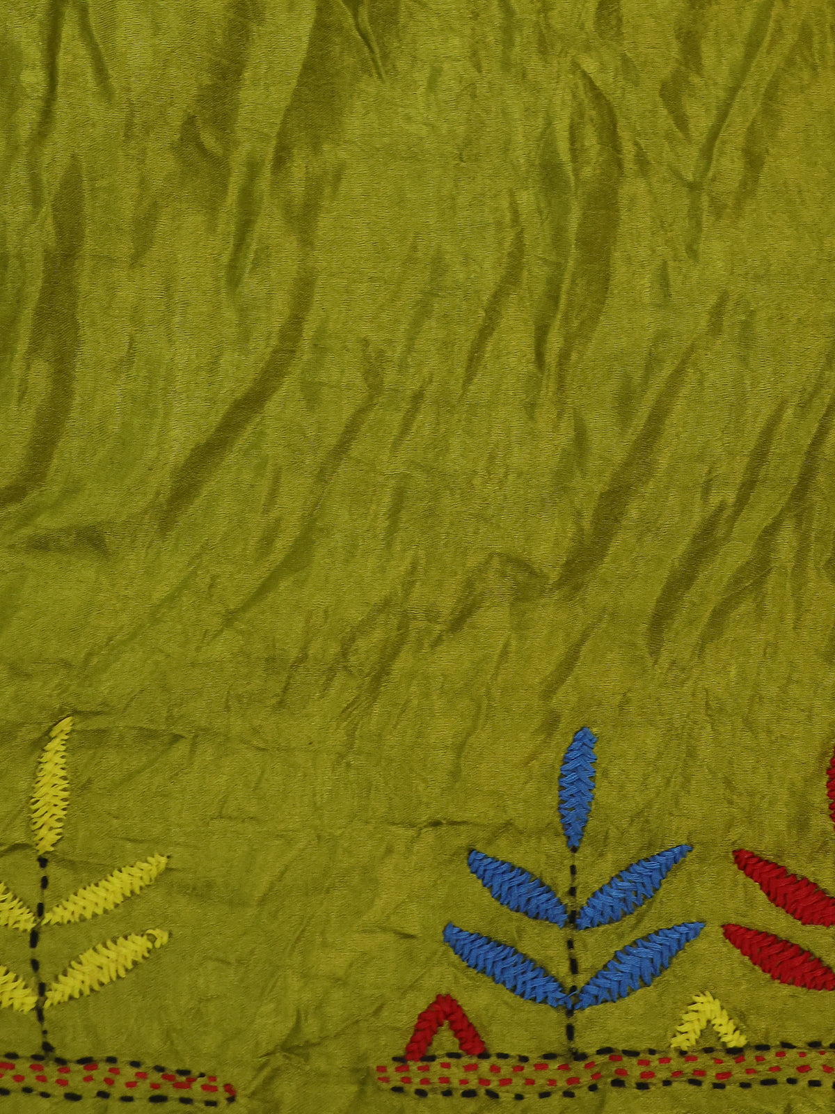 Brown & Fluorescent Green Gajji Silk Saree With Bandhej And Kutch Embroidery