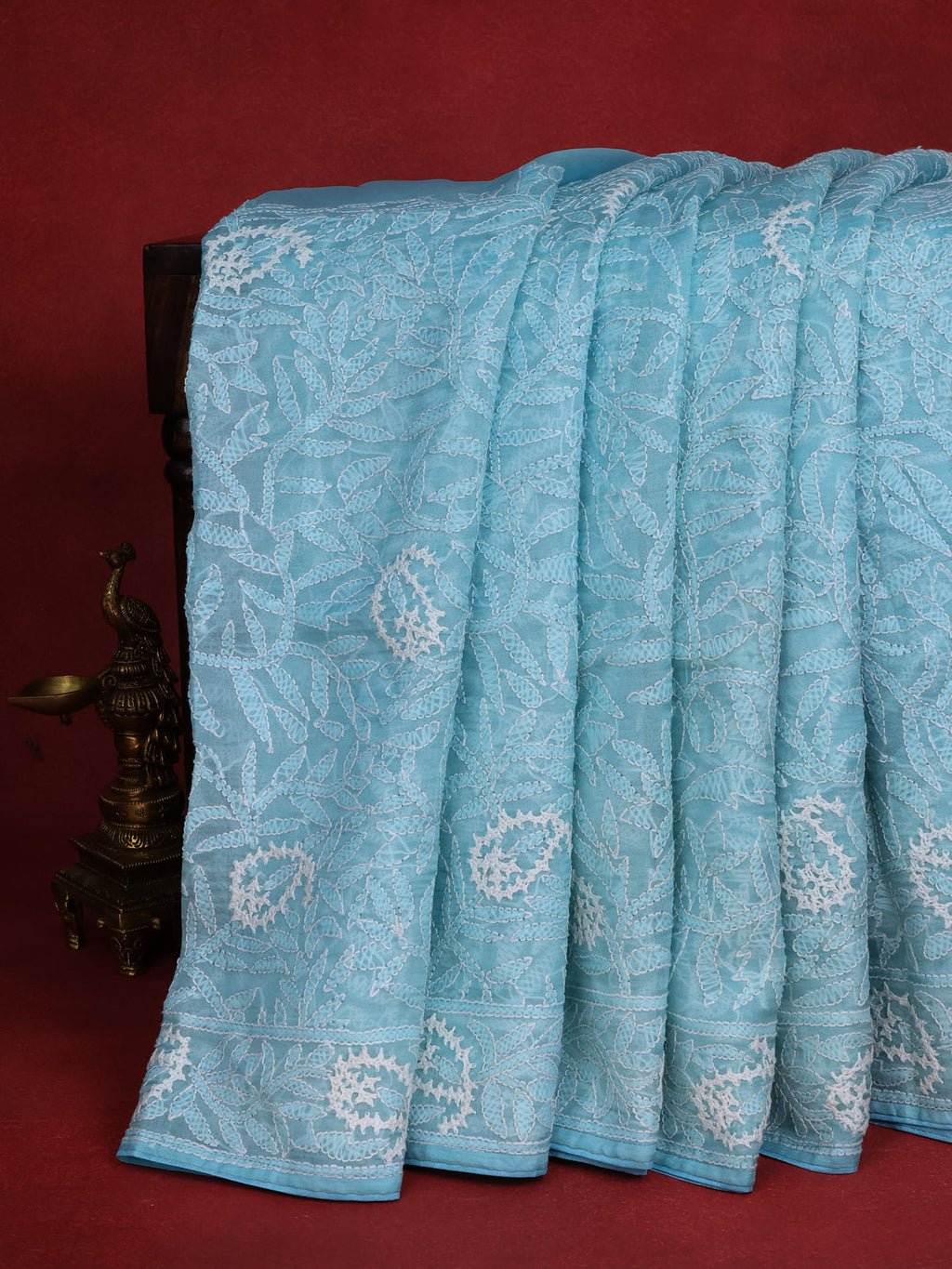 Light Blue Organza Silk Saree With Allover Chikankari Work