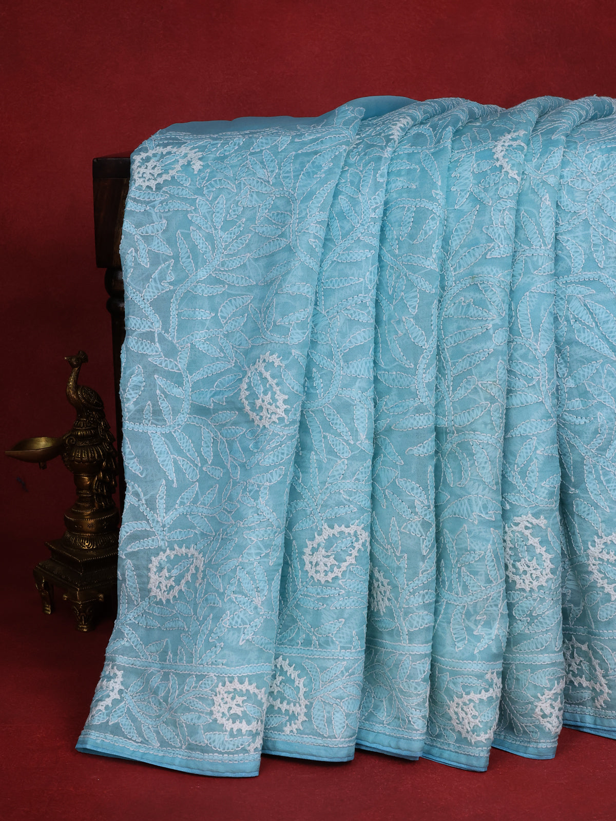 Light Blue Organza Silk Saree With Allover Chikankari Work
