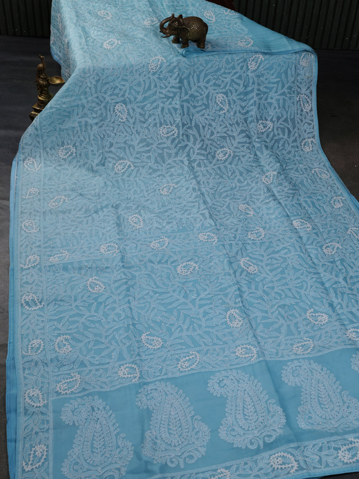 Light Blue Organza Silk Saree With Allover Chikankari Work