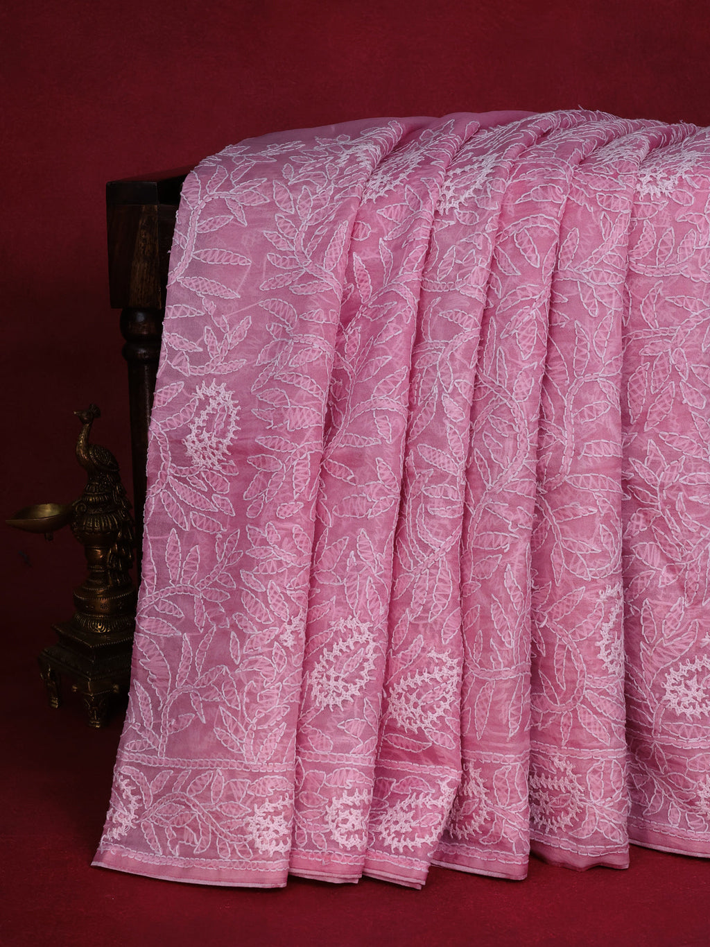 Peach Pink Organza Silk Saree With Allover Chikankari Work