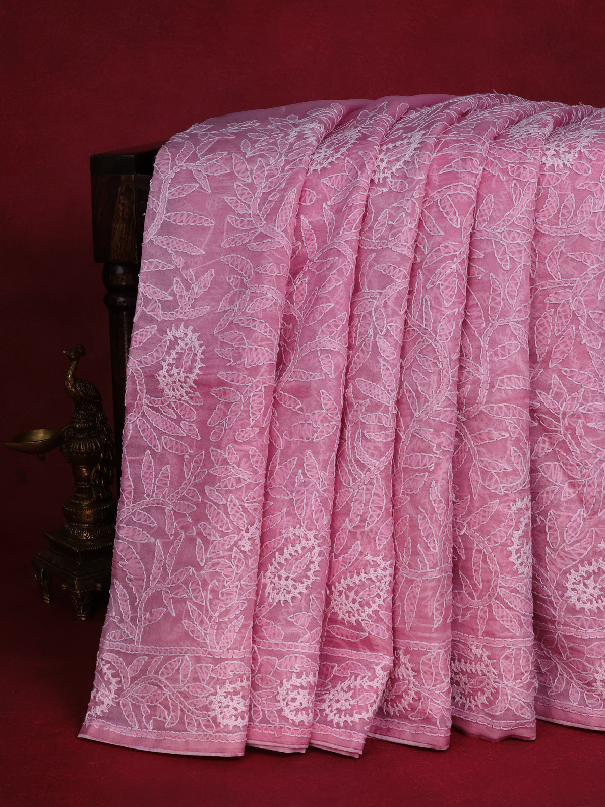 Peach Pink Organza Silk Saree With Allover Chikankari Work
