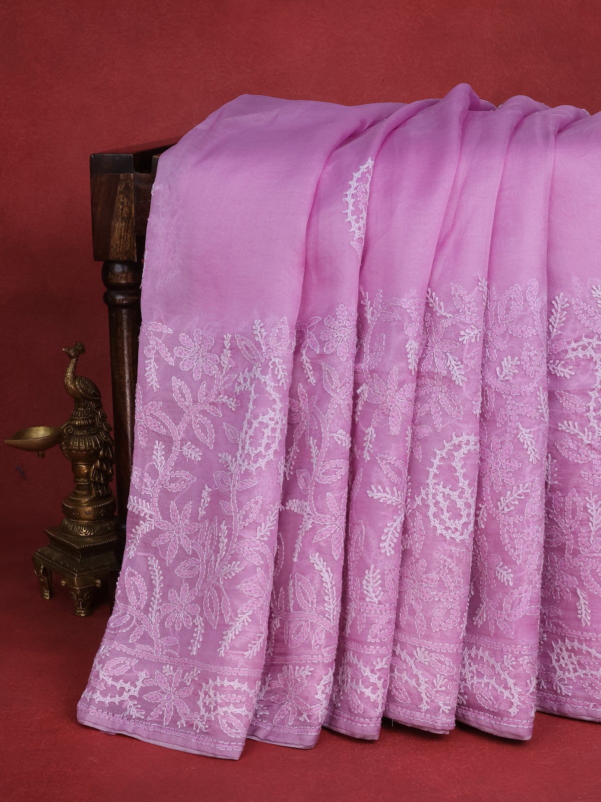 Lotus Pink Organza Silk Saree With Allover Chikankari Work