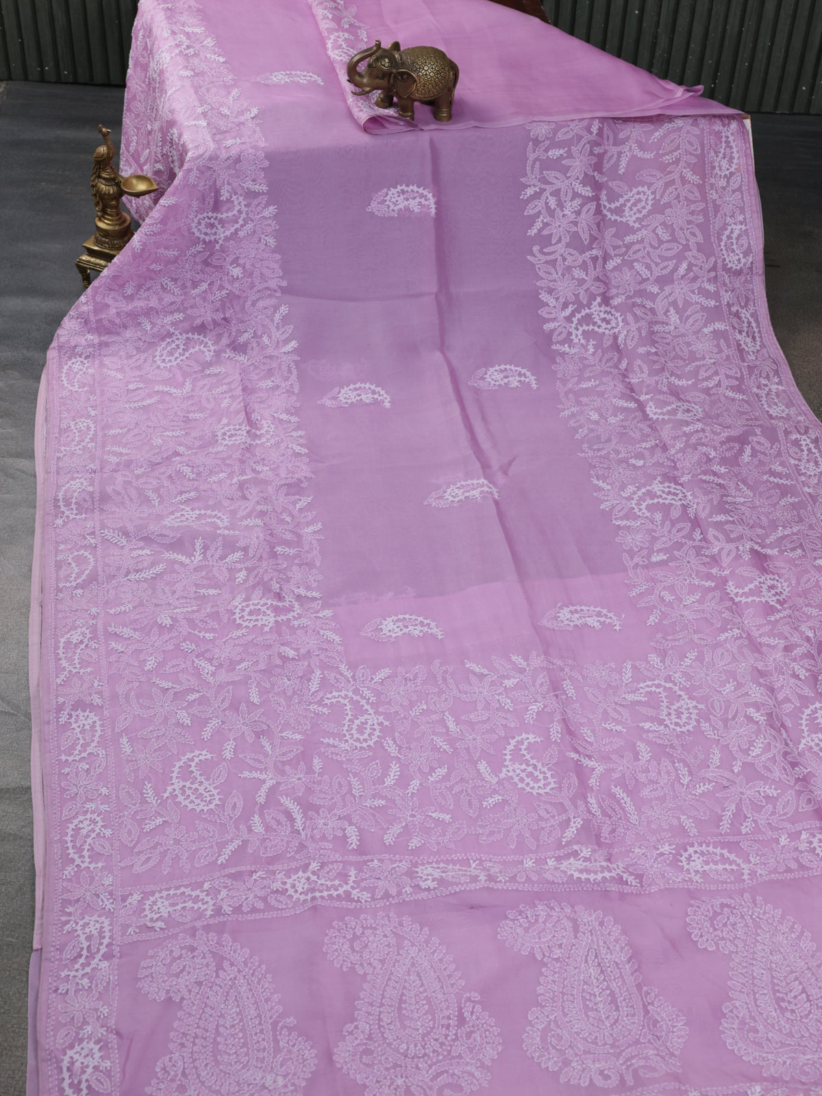 Lotus Pink Organza Silk Saree With Allover Chikankari Work