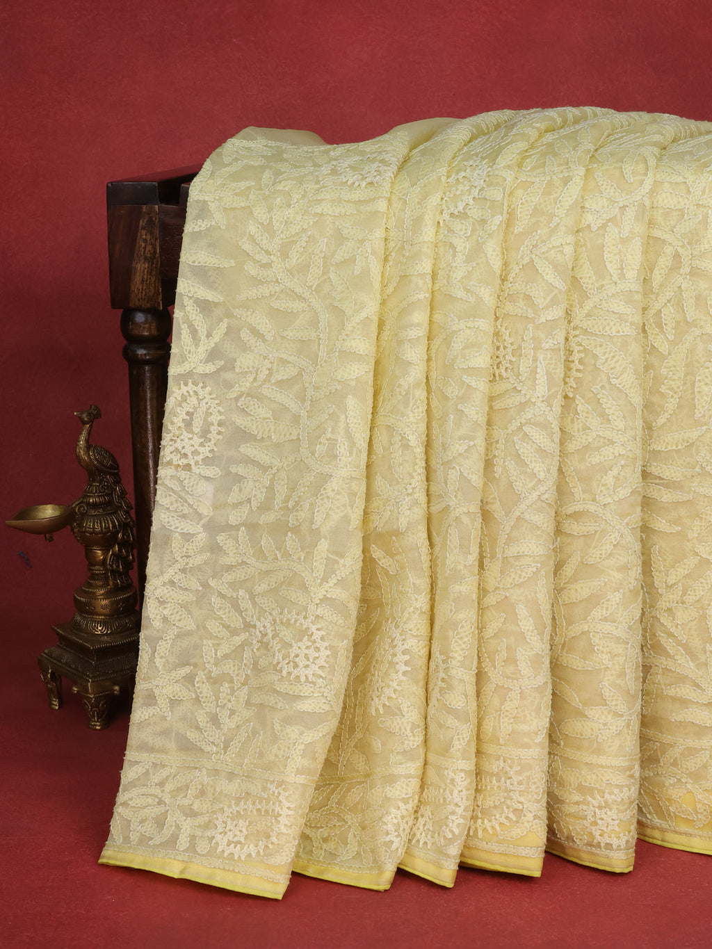Lime Yellow Organza Silk Saree With Allover Chikankari Work