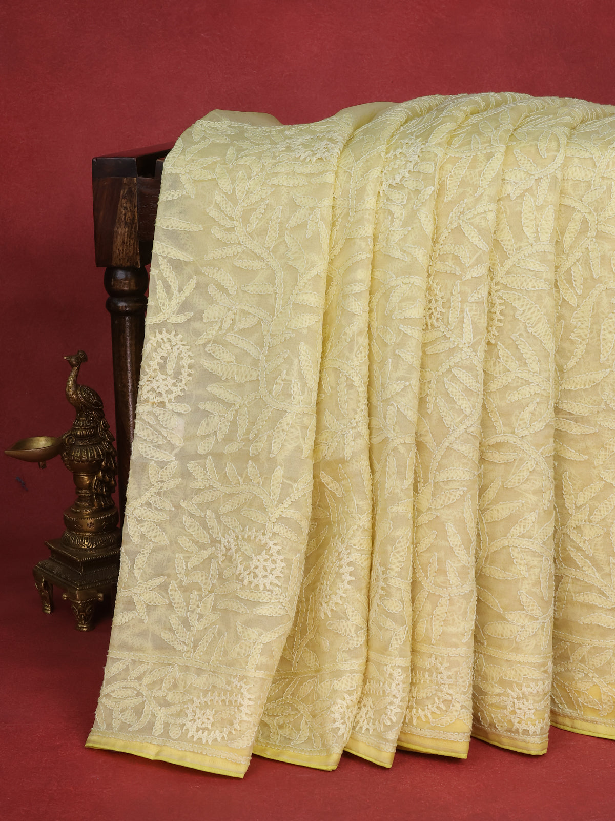 Lime Yellow Organza Silk Saree With Allover Chikankari Work