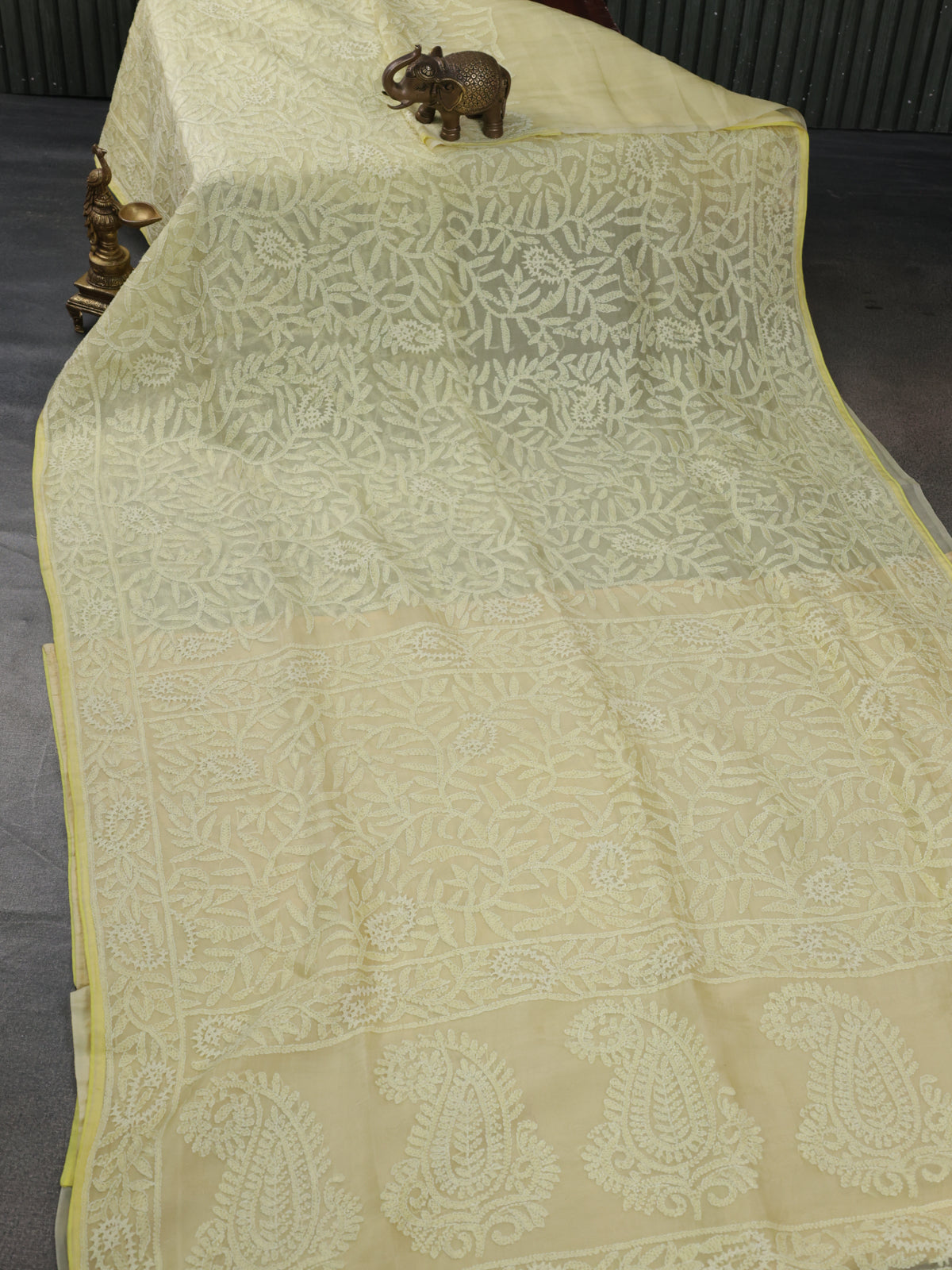 Lime Yellow Organza Silk Saree With Allover Chikankari Work