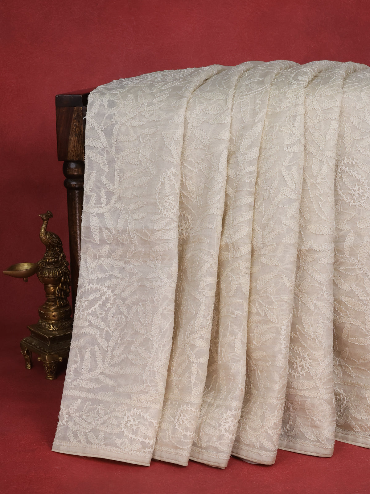 Cream Organza Silk Saree With Allover Chikankari Work