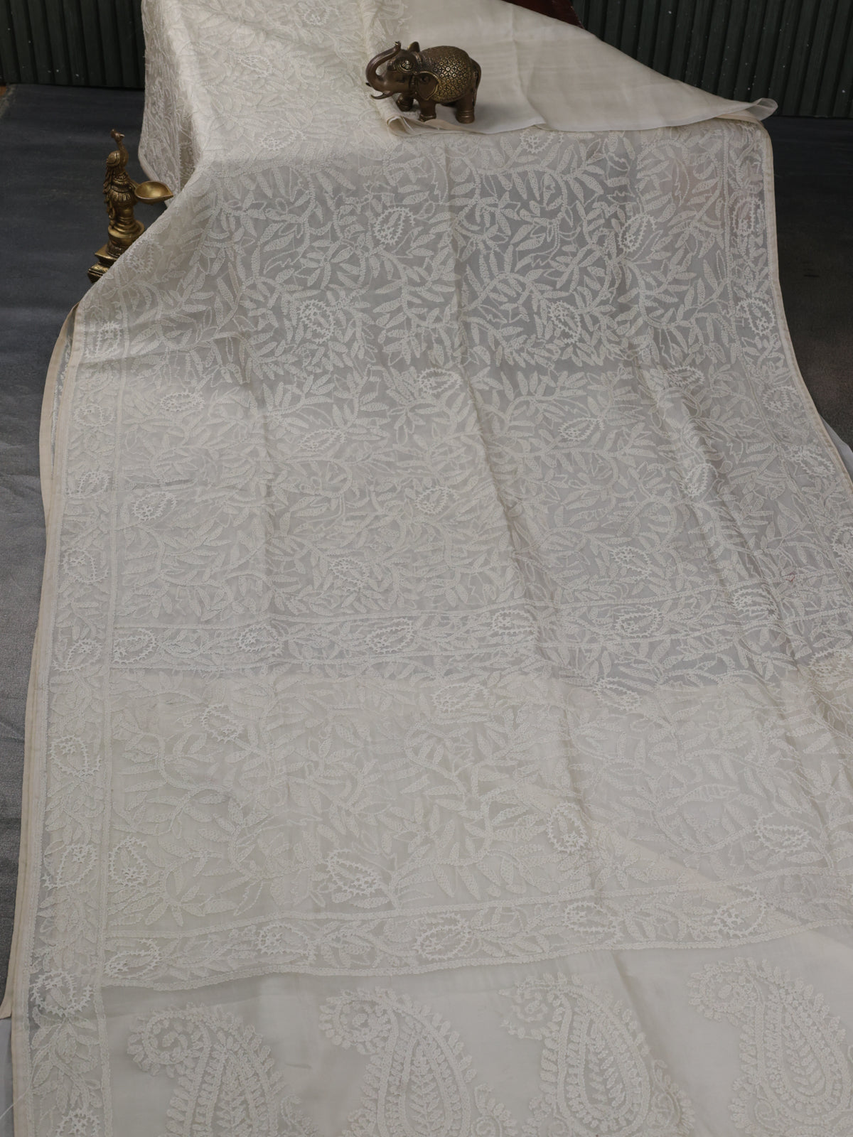Cream Organza Silk Saree With Allover Chikankari Work